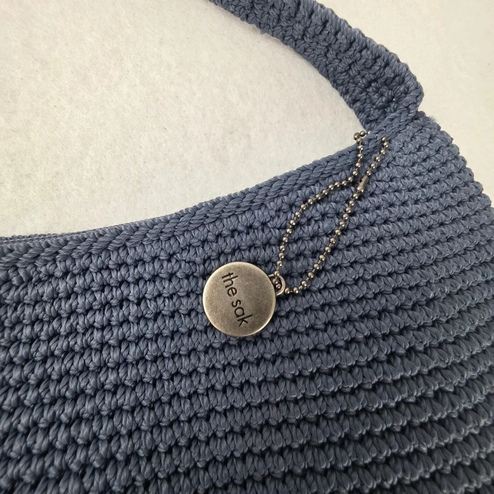 The Sak Crochet Shoulder Bag Slate Blue Boho Knit Hobo Zippered Purse Handbag